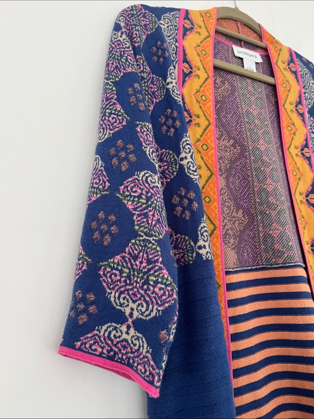 Peck & Peck Boho Royal Blue Mustard Yellow Pink Floral Open Cardigan Size Small - Picture 3 of 12